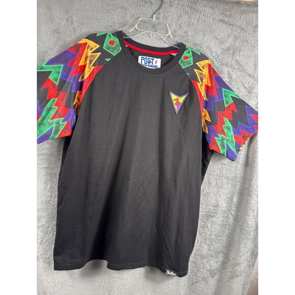 Post Game XL Black Shirt With Multicolor Geometric Sleeves & Logo - Picture 1 of 10